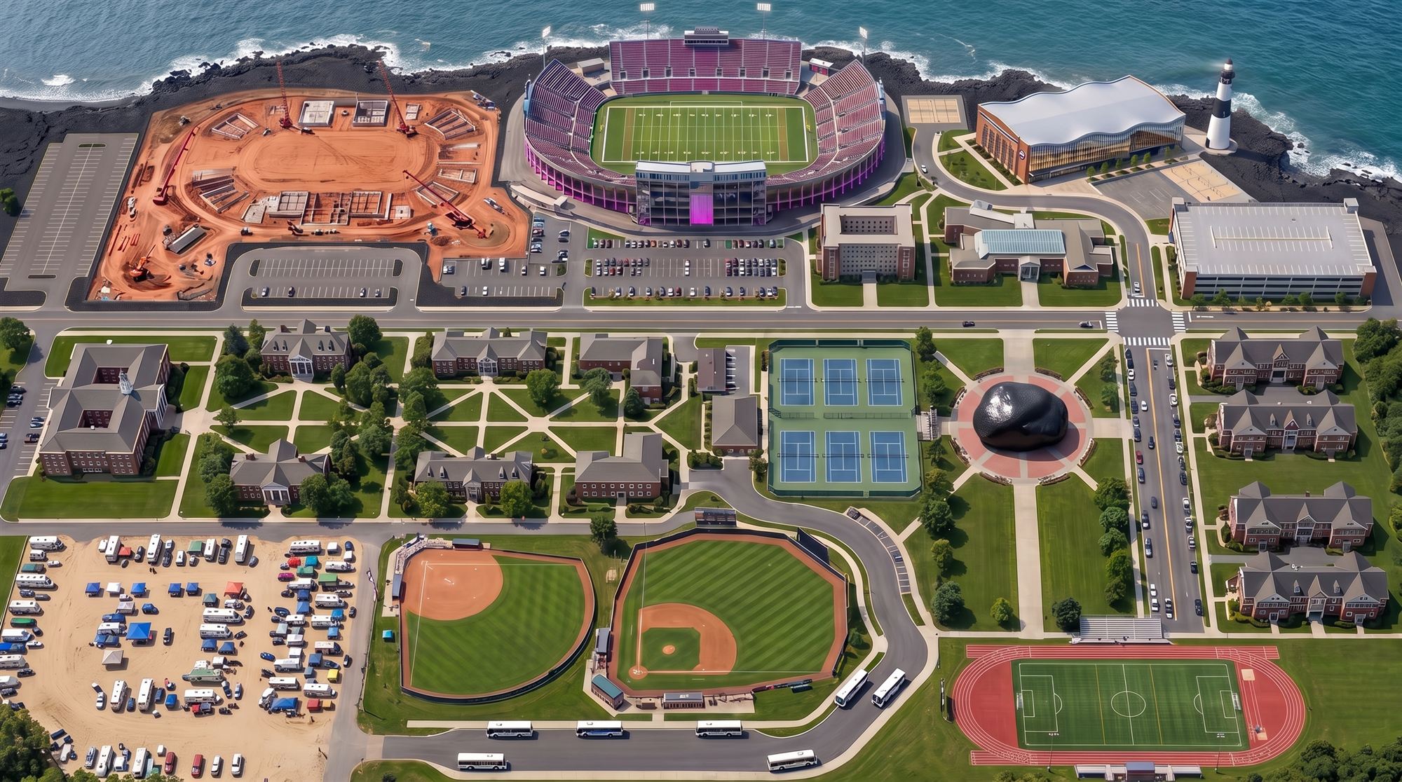 Aerial map of the Rockbeach campus: the stadiums and arena on the beach, the parking lots along Rockbeach Road, the main campus, and the fields to the south