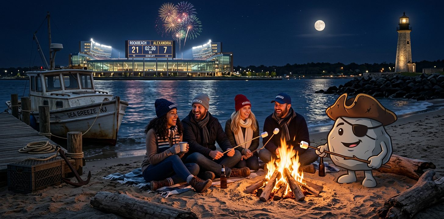 Sandy, in a pirate hat and eye patch, roasting a marshmallow at a beach bonfire with four parents in Rockbeach hats. The stadium and the lighthouse are lit across the water and fireworks are going up behind them.