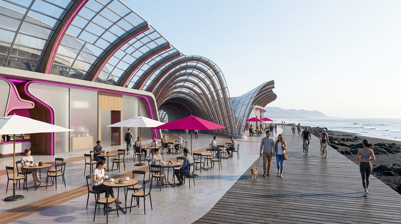 A sunny cafe terrace where the district opens onto the boardwalk: people at small tables with coffee, white and fuchsia umbrellas, joggers passing, the black lava beach and the ocean beyond