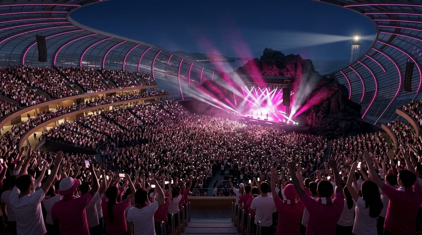 The stadium bowl at night set up for a concert: the stage against the black lava rock, a crowd filling the field and the stands holding up phone lights, fuchsia and white beams overhead