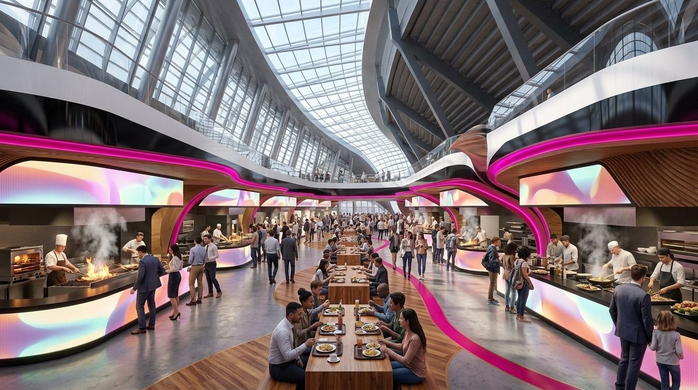 The underground food hall at weekday lunch: daylight through the curved glass skylight, chefs cooking over open flames, long wooden tables full of people eating and talking