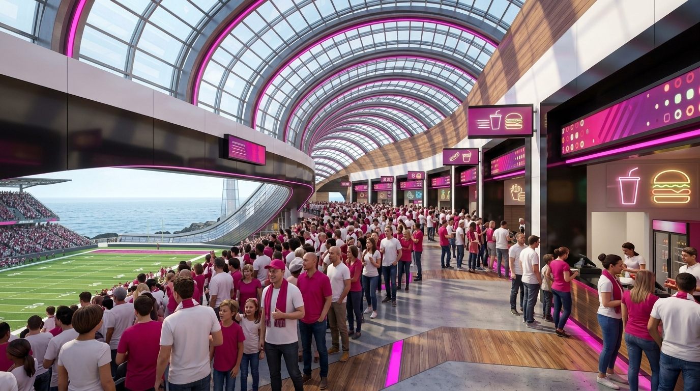 The main concourse full on game day: fans in white and fuchsia lining up at food and drink stands, the field and the ocean through the open side, wave-shaped ribs overhead