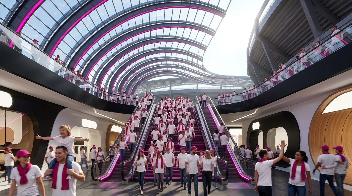 Fans in white and fuchsia streaming out of the underground district up a grand staircase and escalators into the stadium concourse, kids on shoulders, daylight through the glass ribs