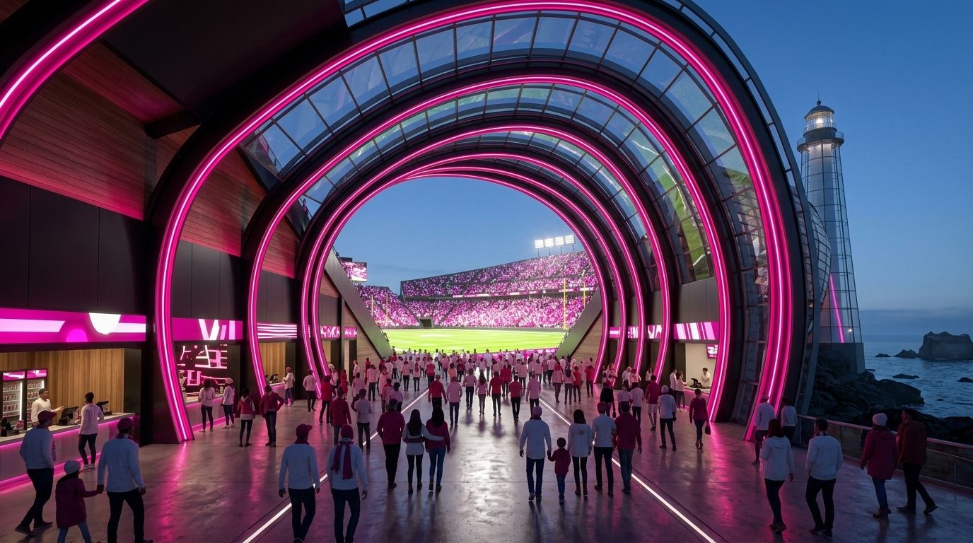 Fans in silhouette walking down a tall tunnel lined with fuchsia light strips toward the bright green field and a packed stand at the far end