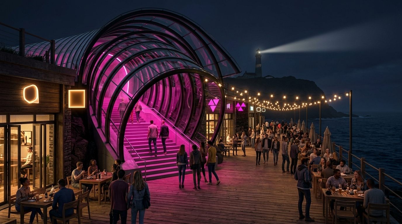 A stair rising out of a fuchsia-lit tunnel onto the wooden boardwalk at night, friends walking out among cafe tables under string lights, the ocean and a lighthouse beam beyond