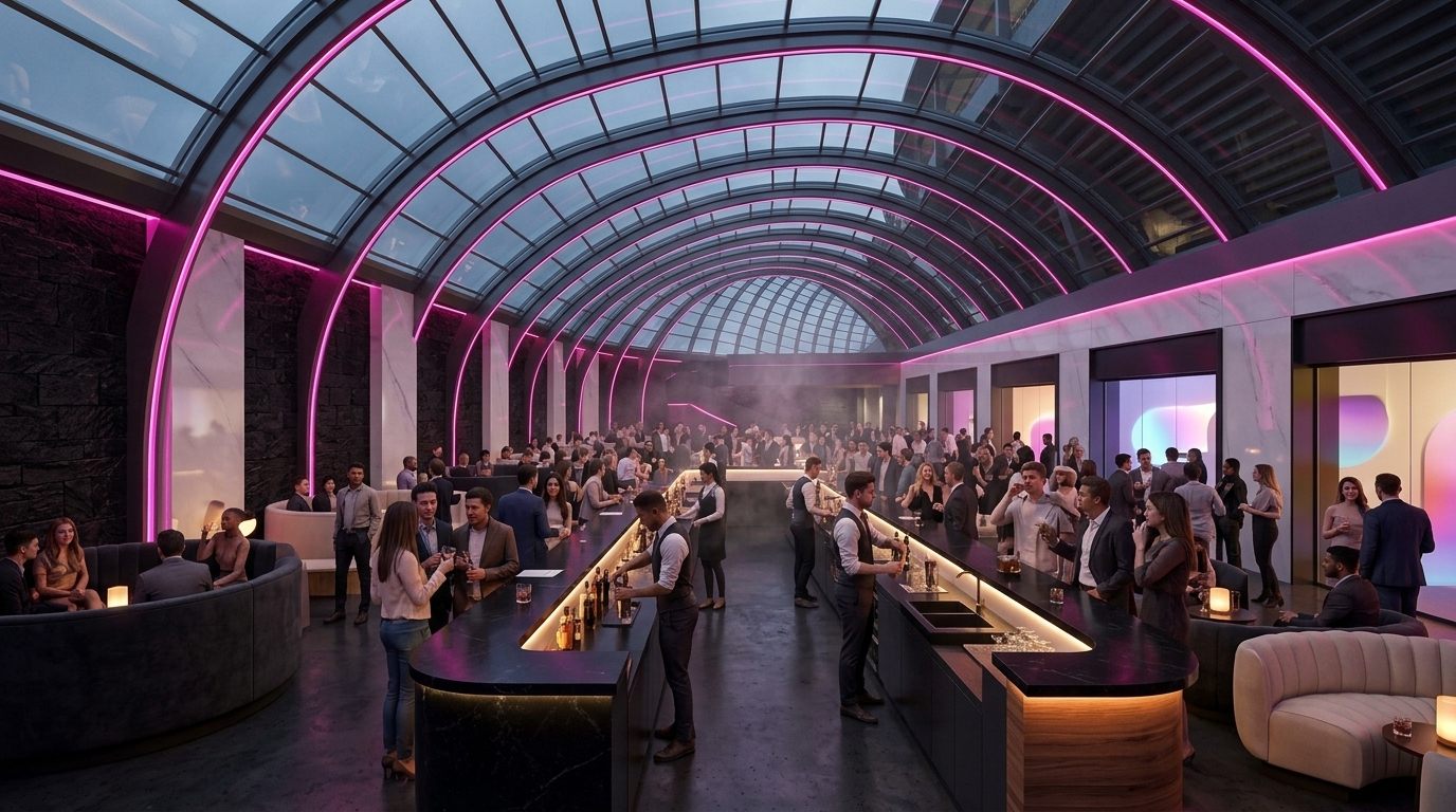 A lounge bar in the underground district: a long glowing bar of black stone and warm wood, bartenders mixing drinks, a crowd toasting under low fuchsia light