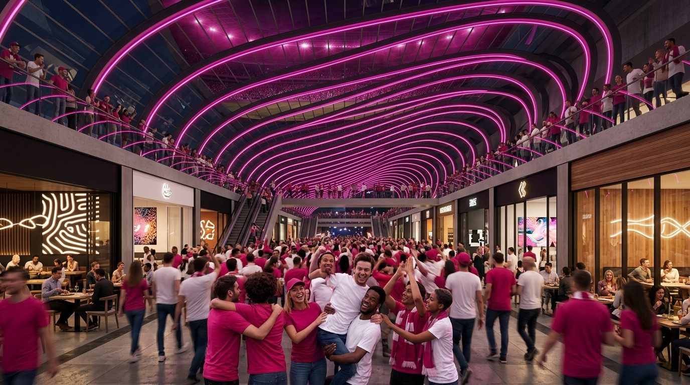 The underground promenade late at night after a home win, packed with fans in white and fuchsia, restaurants open on both sides under fuchsia-lit glass ribs