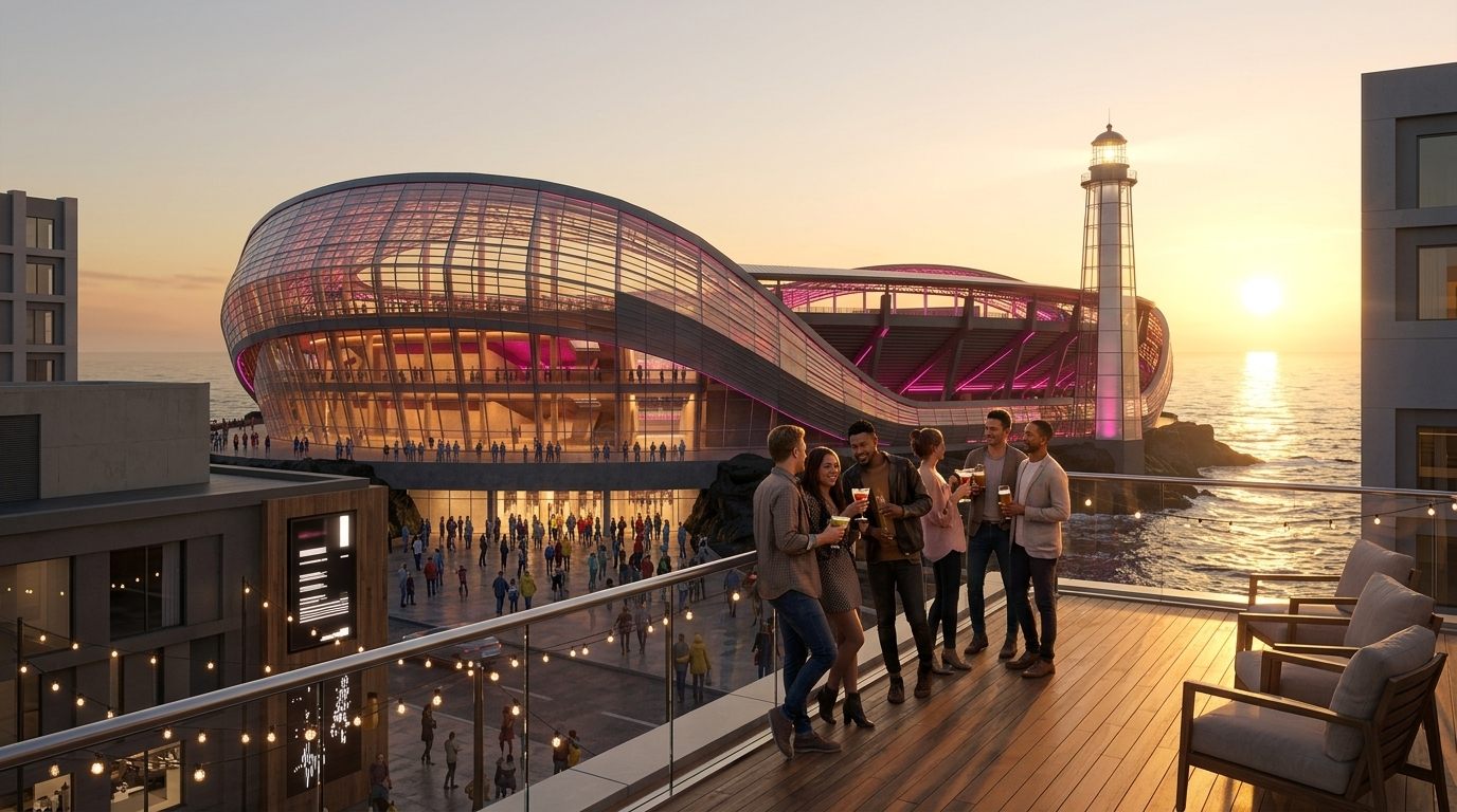 A rooftop bar at sunset facing the stadium, its wave-shaped ribs glowing orange and fuchsia, friends with drinks at a glass railing, the ocean beside the building