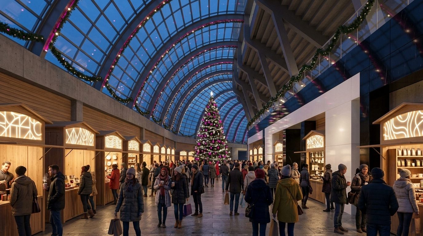 A holiday market along the underground promenade: rows of small wooden stalls, shoppers in winter coats with bags and hot drinks, a tall decorated tree under the glass skylight