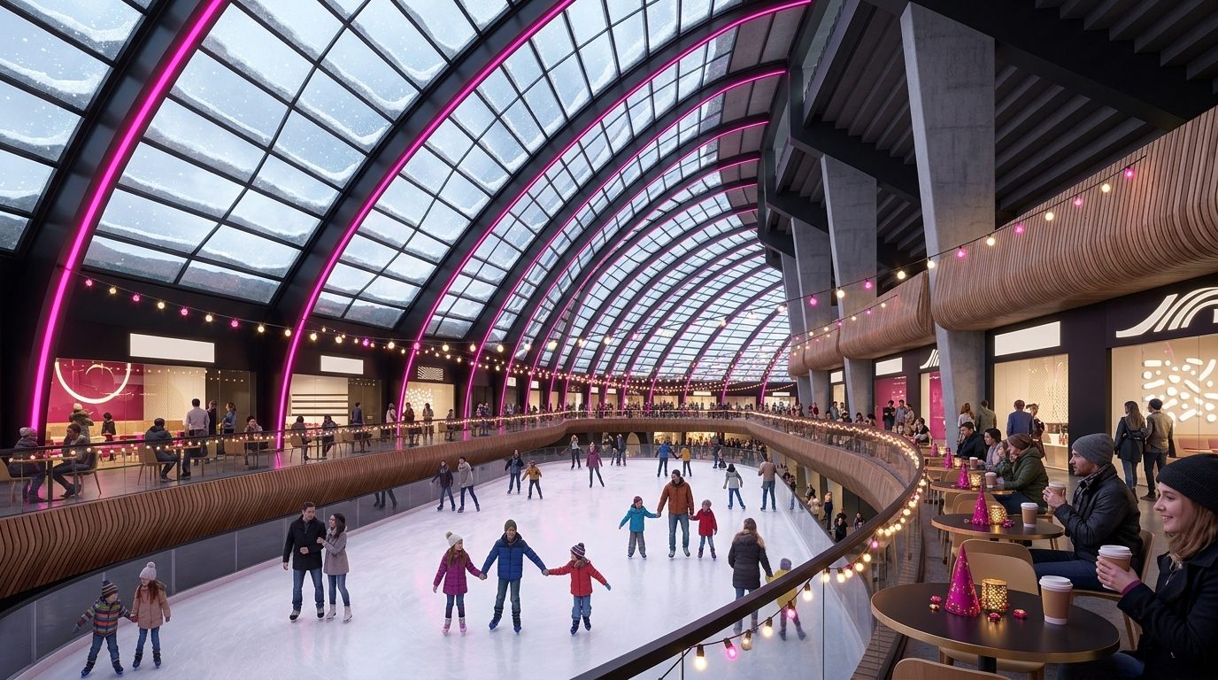 An ice rink in the underground district in December: families and couples skating under a glass skylight dusted with snow, white and fuchsia holiday lights, people watching with hot drinks
