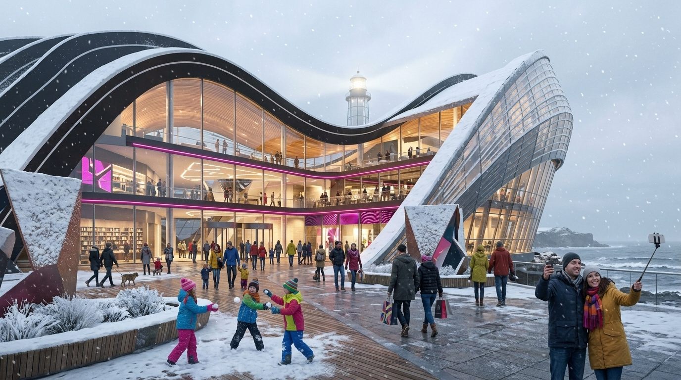 The entry plaza in falling snow on a winter afternoon with no game: people in coats crossing, kids throwing snowballs, the stadium's wave-shaped ribs dusted white and glowing from inside, the grey ocean beyond