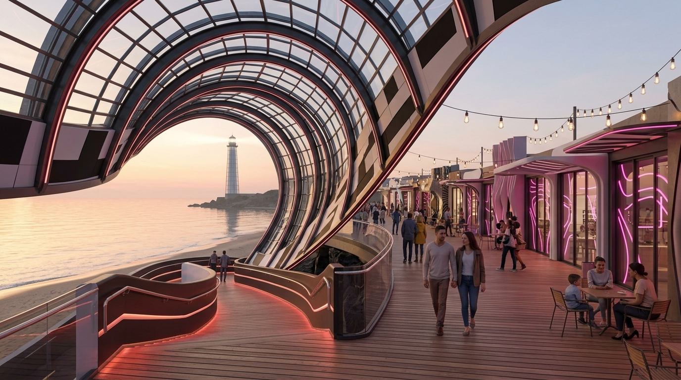 An exit from the underground district rising straight onto the boardwalk, cafes and the beach at golden hour