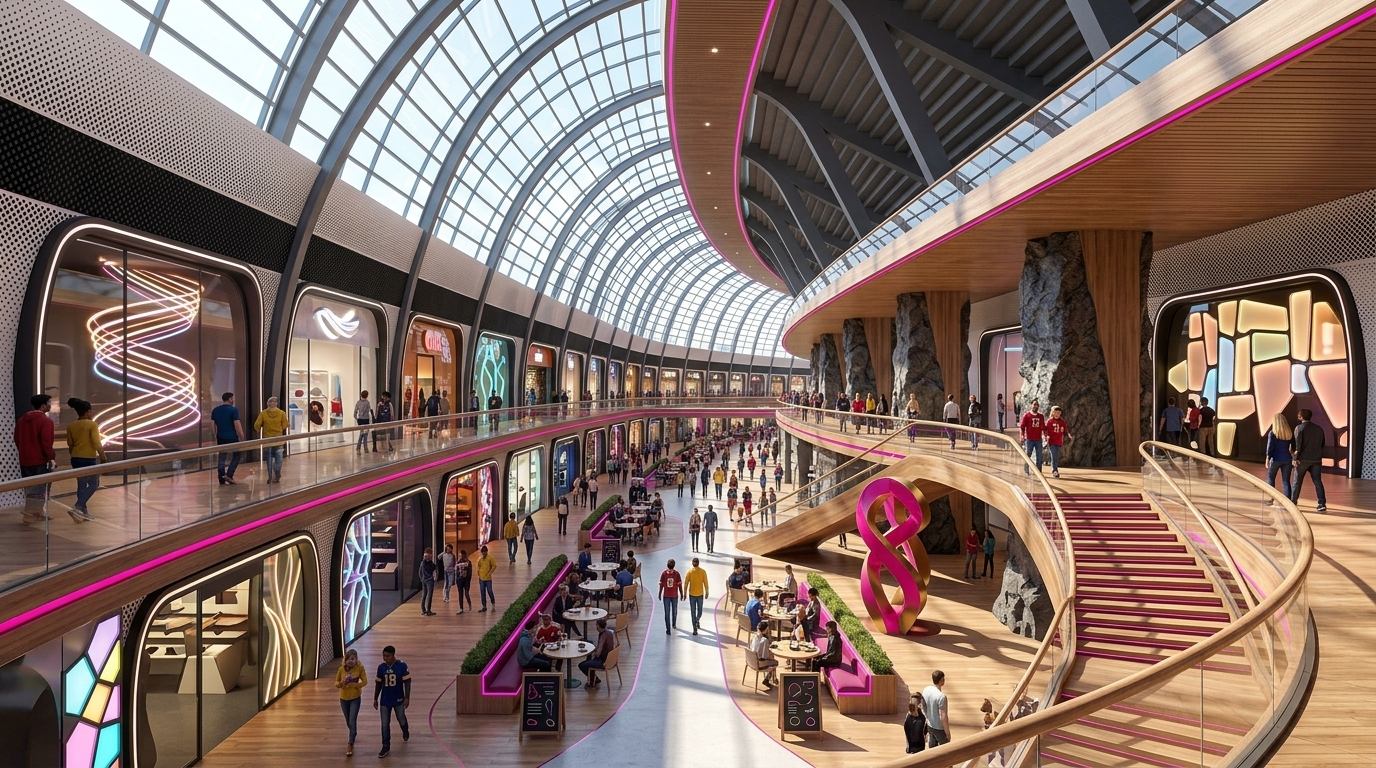 The underground district: a three-level promenade of shops and cafes under a curved glass skylight