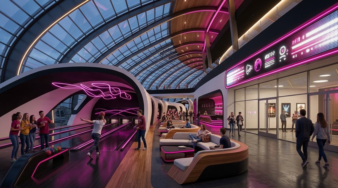 Bowling lanes and the movie theater entrance in the underground district