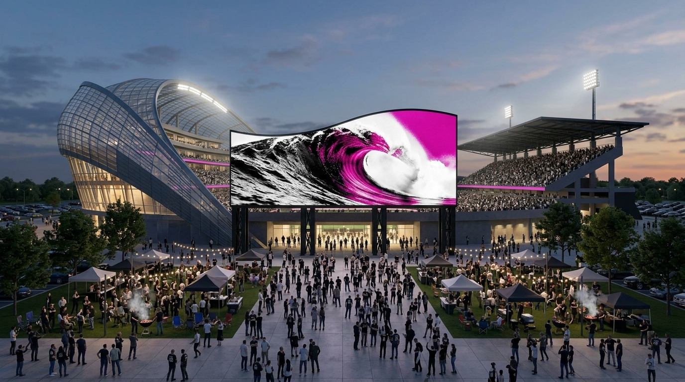 The entry plaza board, a separate freestanding screen with a wave-shaped top, over fans watching the game in the free fan zone