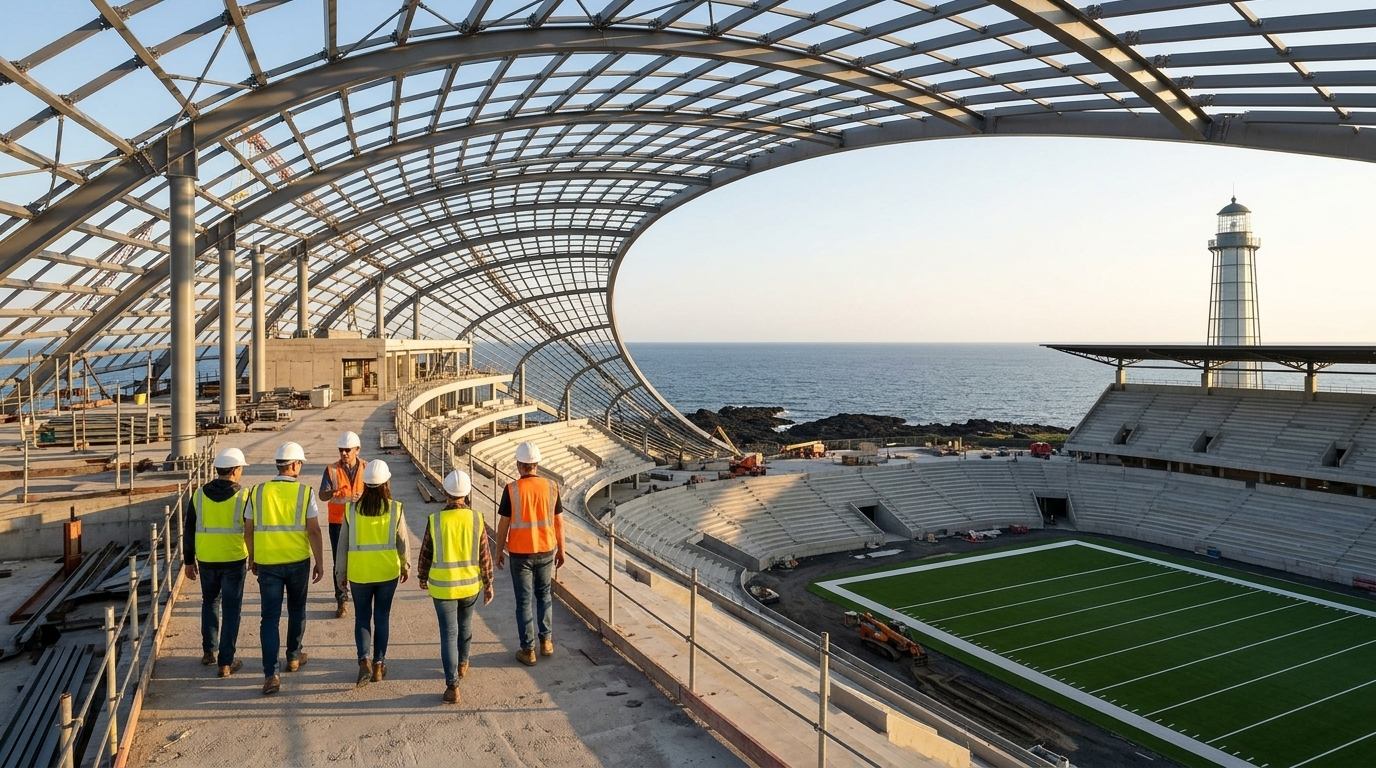 A hard hat walk: a group in hard hats and vests on the concourse of the half-built stadium, the ocean beyond