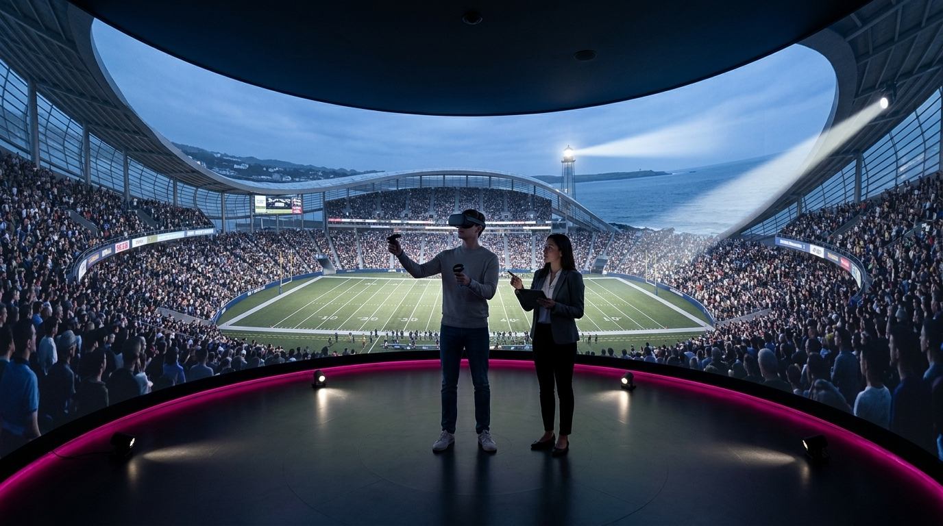The immersive 360 room: a couple standing inside a full projection of the stadium, one wearing a headset
