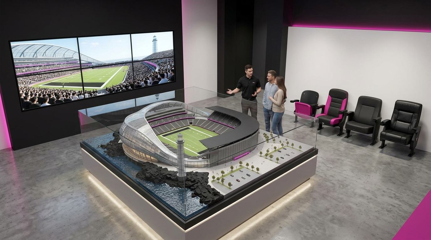 The New Rockbeach Preview Sales Center: the stadium model, a wall of seat views and a row of sample seats