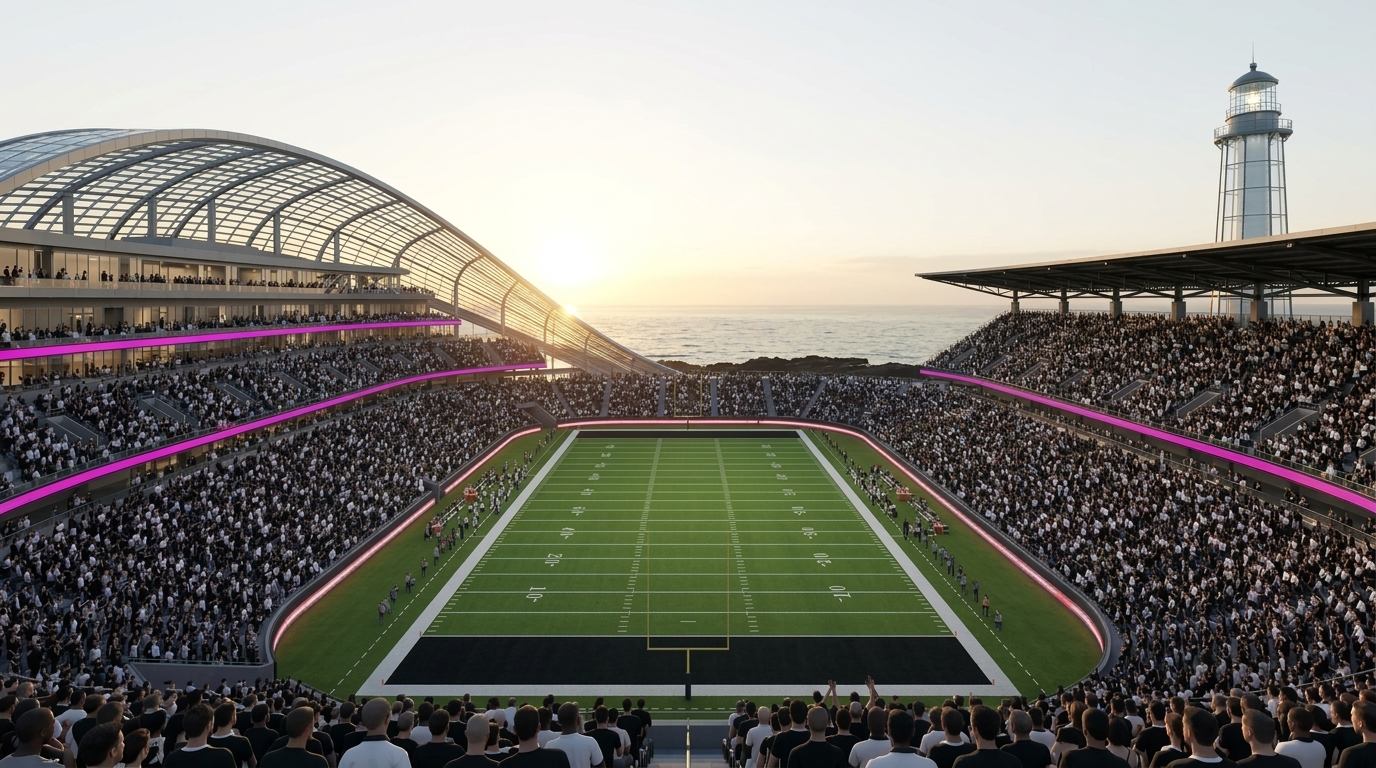 The Helm: Behind the end zone, the ocean past the goalposts
