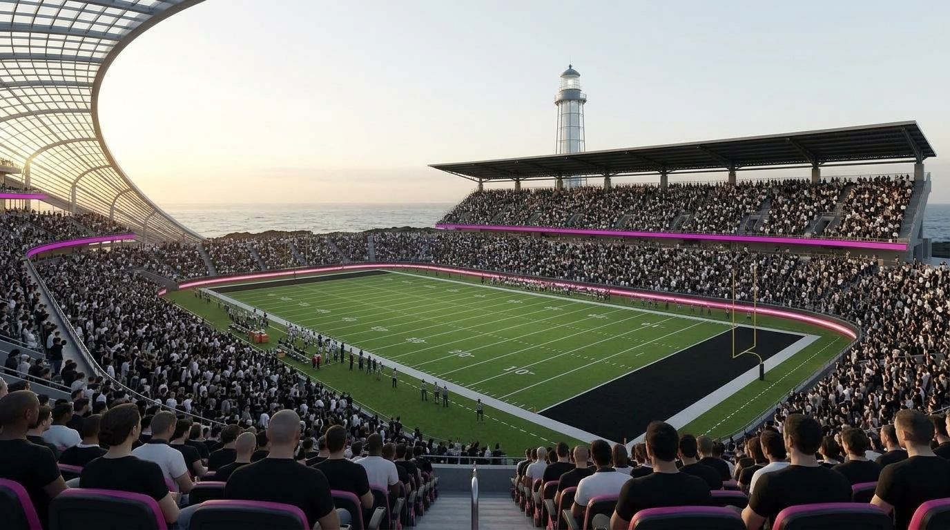 The New Rockbeach Stadium from a sideline seat, the ocean and the lighthouse beyond