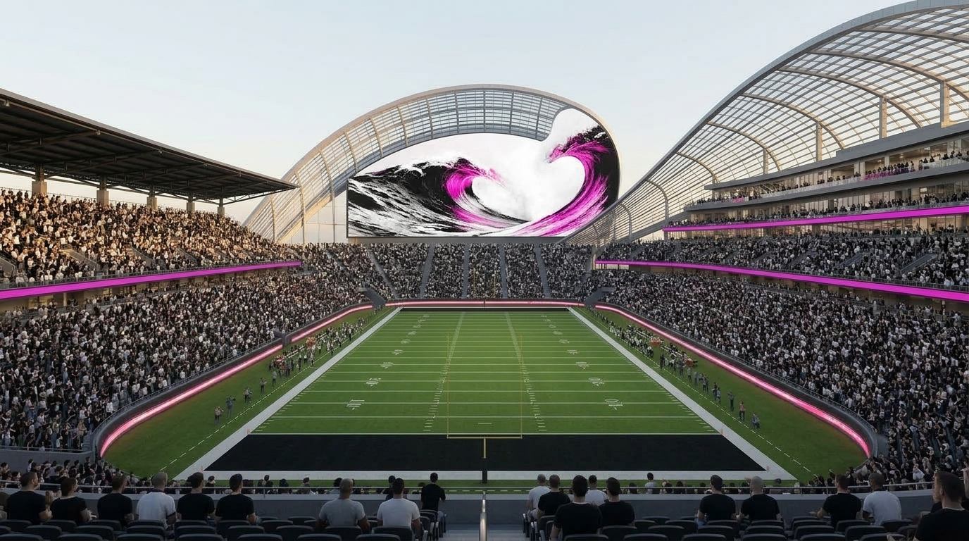 The board in the bowl: its top a breaking wave under the glass roof, over the south end stand, with the LED strip glowing around the field