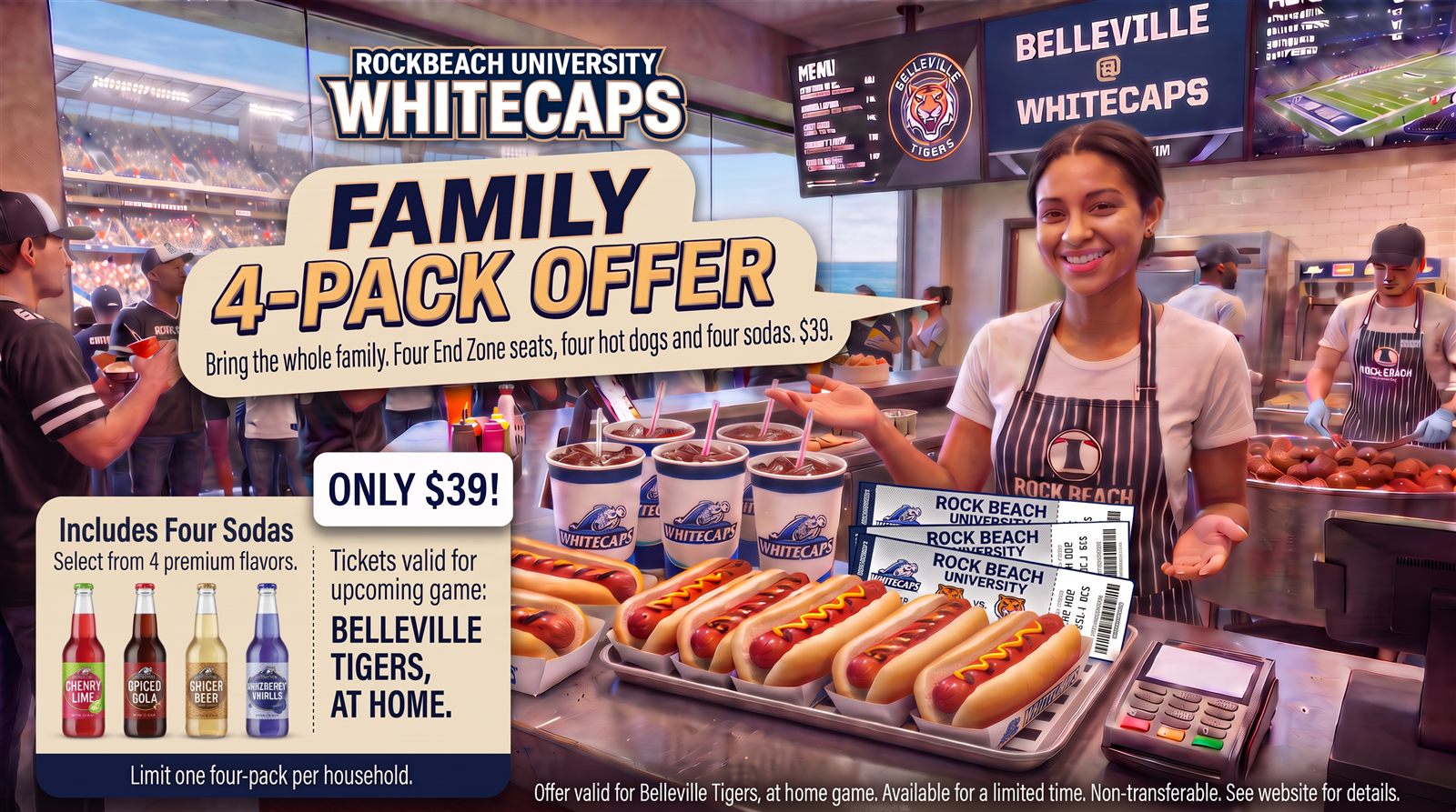 Family 4-Pack Offer. Four End Zone seats, four hot dogs and four sodas, $39.
          Valid for the Belleville Tigers home game. Limit one four-pack per household.